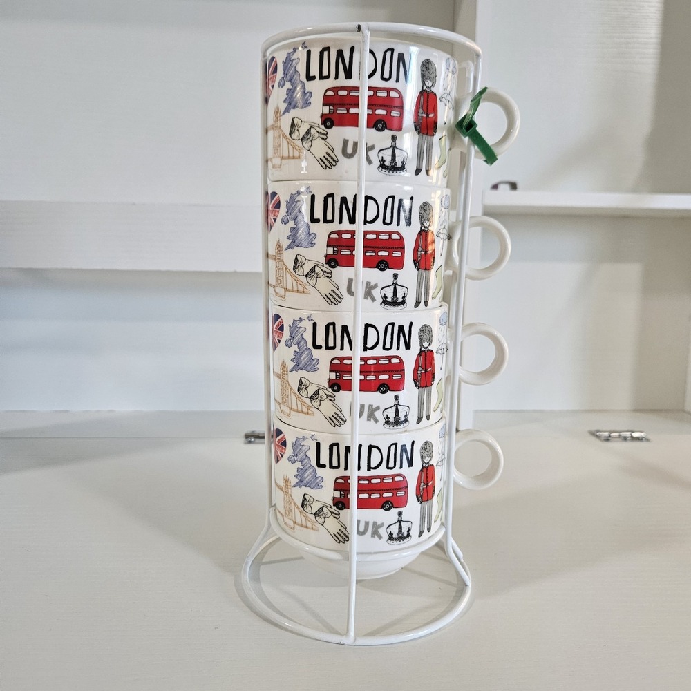 Grace Teaware Fine Porcelain London England Stackable Tea Cups Set of 4 & Stand